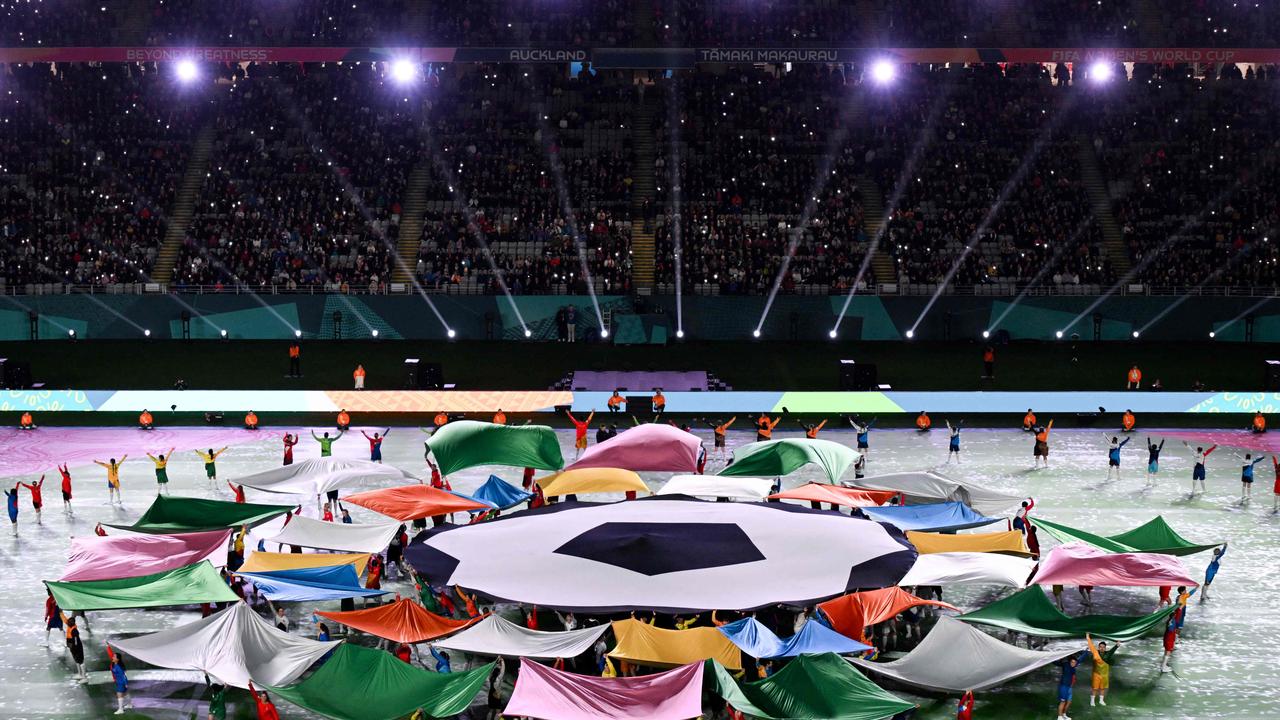 The official logo of the Australia and New Zealand 2023 Women's World Cup is displayed during the opening ceremony. Picture: AFP