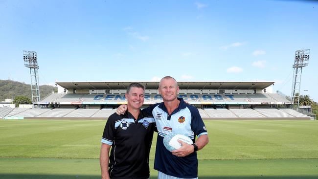 Jamie Goddard and Michael Buettner played in the first game at the stadium and are pictured ahead of the 20th anniversary celebrations. (AAP Image/Sue Graham)