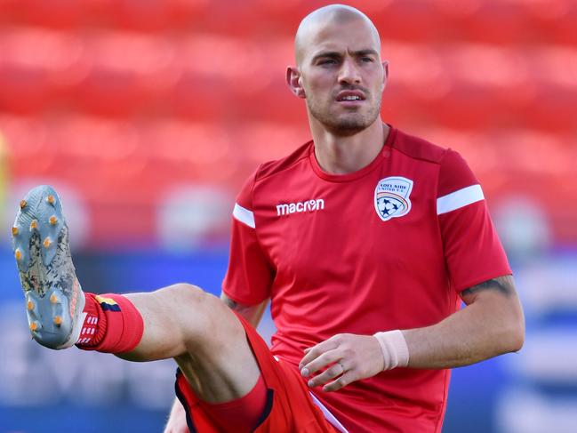 ADELAIDE, AUSTRALIA - DECEMBER 08: James Troisi of Adelaide United   during the round nine A-League match between Adelaide United and the Newcastle Jets at Coopers Stadium on December 08, 2019 in Adelaide, Australia. (Photo by Mark Brake/Getty Images)
