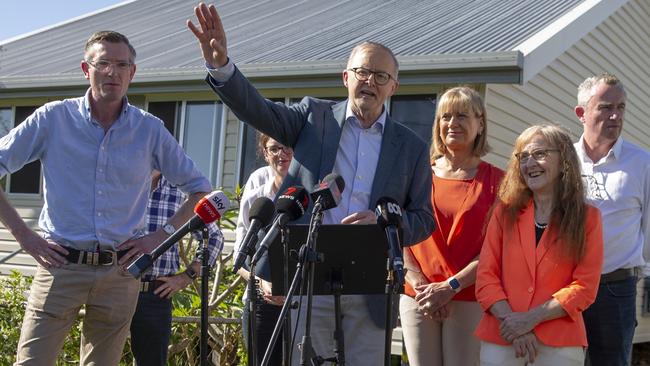 PM Anthony Albanese in Lismore for today’s announcement with NSW Premier Dominic Perrottet (left).Picture: NCA NewsWire/ Brendan Beirne