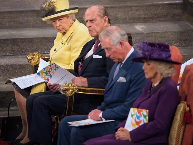 Britain's Queen Elizabeth, Prince Philip, Duke of Edinburgh, Prince Charles, Prince of Wales and Camilla, Duchess of Cornwall at Westminster Abbey. Picture: AFP Photo