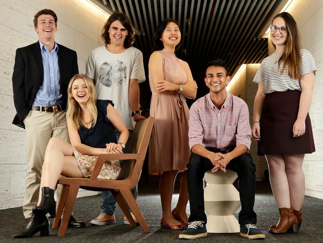 Westpac scholarship recipients from left Joseph Rowlands, Imogen Low, Karl Williamson, Meira Chen, Shakif Shakur and Madeleine Buchner. Picture: Jonathan Ng