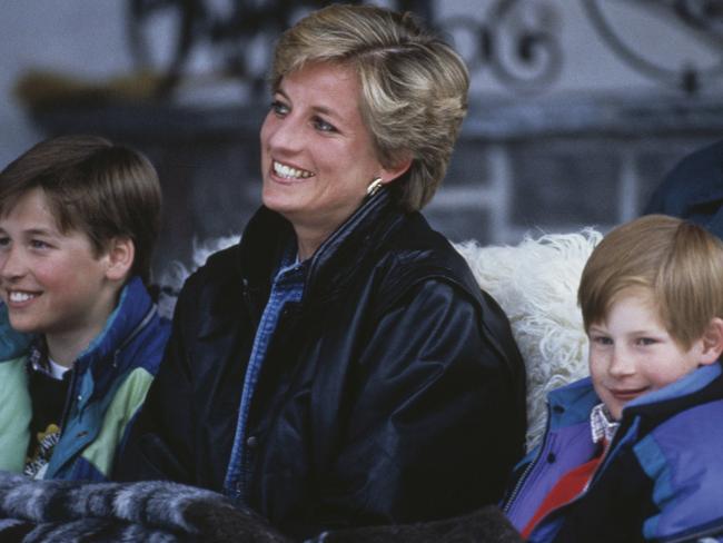 Princess Diana with her sons Prince William (left) and Prince Harry on a skiing holiday in Lech, Austria. Picture: Getty Images