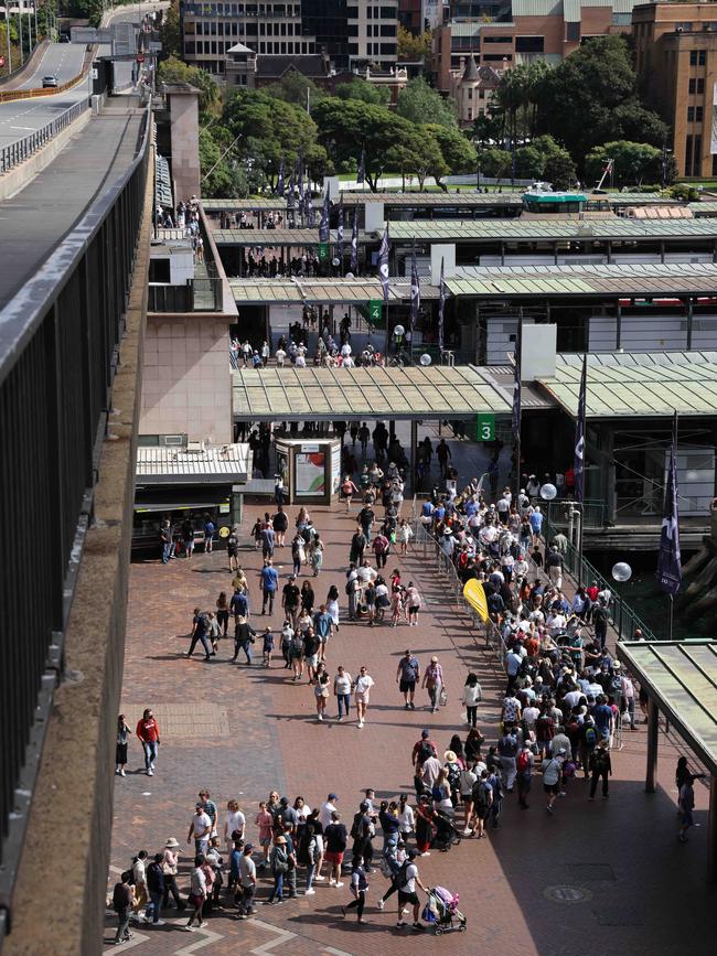 Queues were long but orderly at Circular Quay on Sunday morning. Picture: David Swift