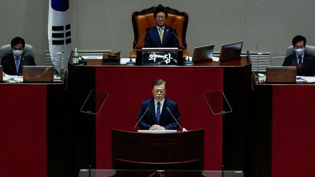 South Korean President Moon Jae-in (front) speaks at the National Assembly in Seoul on Wednesday. Picture: AFP