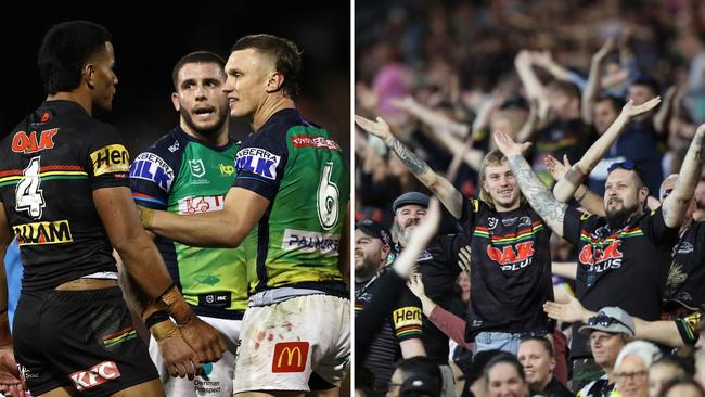 Jack Wighton confronts Stephen Crichton and (right) Panthers fans do their own Viking Clap.