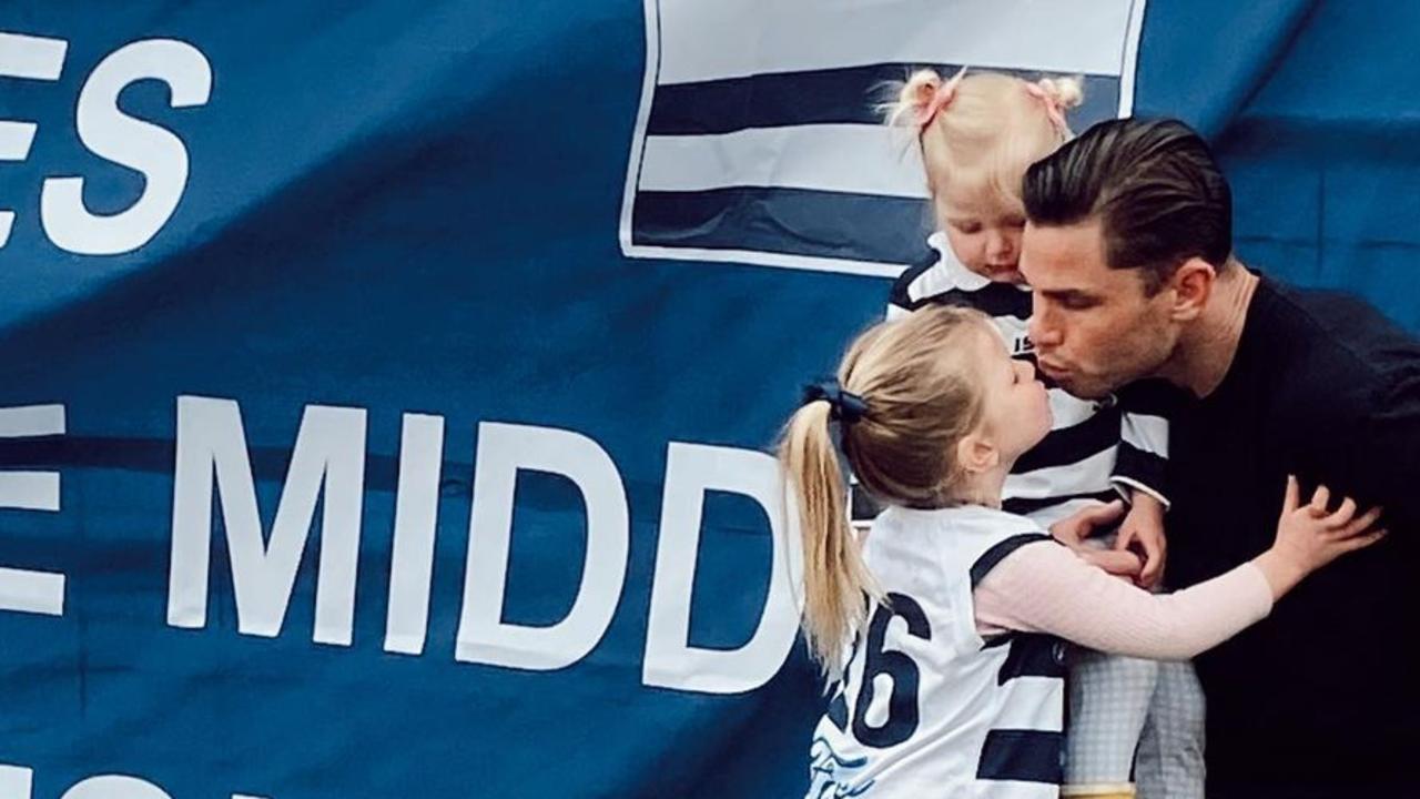 Geelong star Tom Hawkins with his daughters ahead of his 300th game. Picture: Instagram