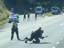 A knife-wielding woman tackled on the highway near Taree on Tuesday afternoon. Picture: Aaron The Typical Trucker