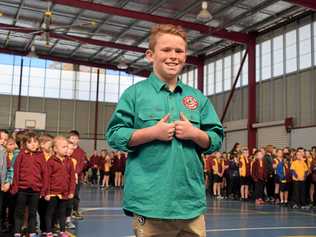 SMALL BUT MIGHTY: Jack Berne visited students at Chinchilla State School to talk about what prompted him to create the national fundraising campaign "Fiver for a Farmer" and help support Australia's drought-affected farmers doing it tough. Picture: Kate McCormack