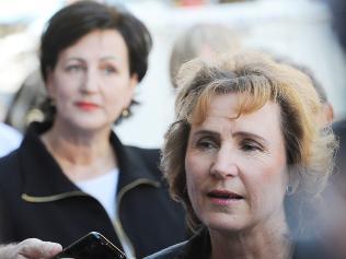 SA politician Isobel Redmond during state election press conference regarding police numbers, in Hindley St, with Vickie Chapman looking on. Picture: Brenton Edwards