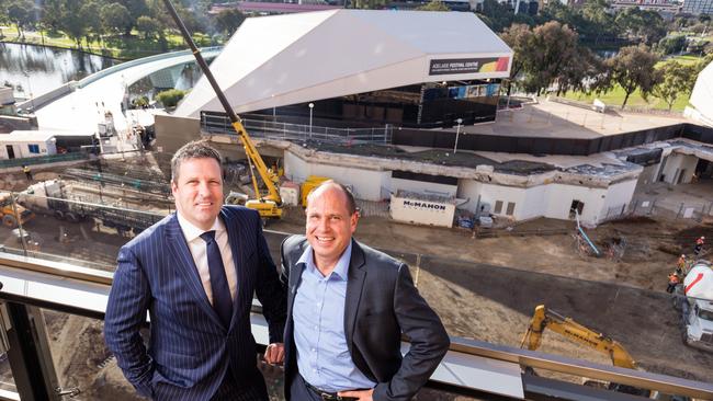 Luke Walker, general manager of Adelaide Casino, and Graeme Stephens, chief executive officer of SkyCity Entertainment Group, overlook the site of the expansion.