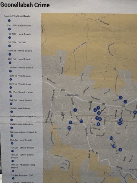 A Goonellabah crime map displayed at a Lismore community crime meeting.