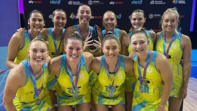 Australia's Fast5 netball team celebrate after defending their title with a 35-23 victory over New Zealand in the final in Christchurch. Picture: Netball Australia