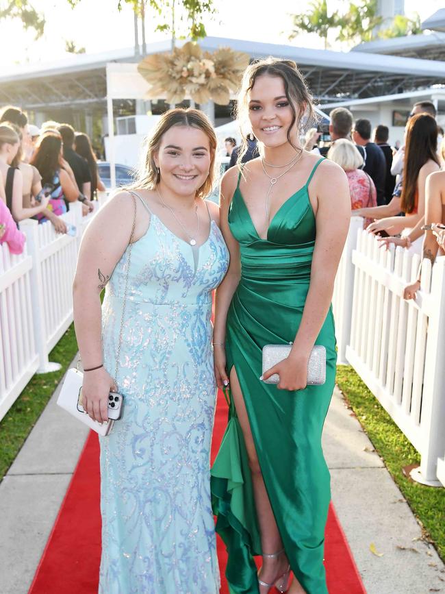 Jazmyne Le Cerf and Jorjia Blackberry at the 2023 Caloundra State High School Year 12 formal. Picture: Patrick Woods.