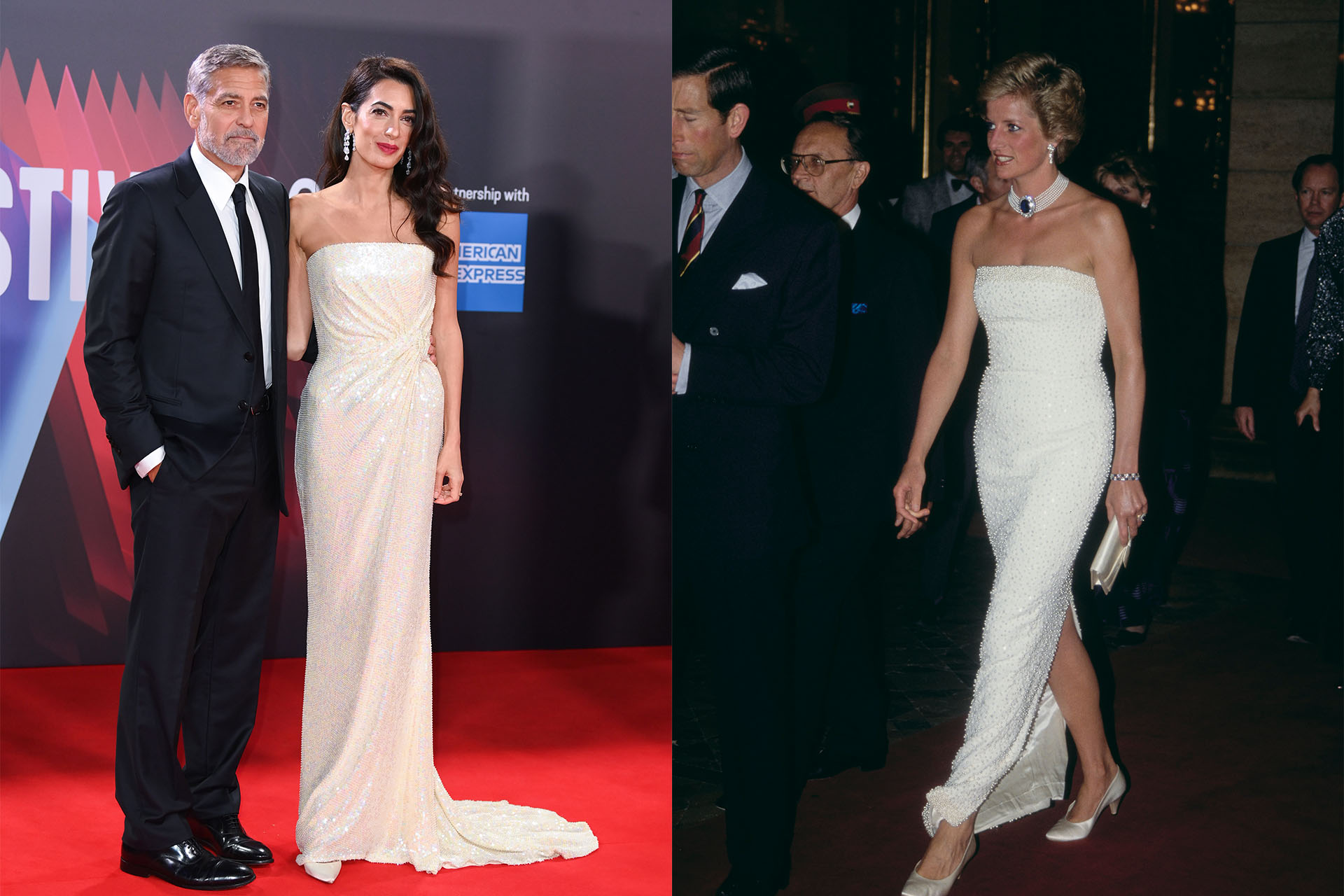 <h3>Amal Clooney</h3><p>In 1990, Princess Diana attended a dinner in Budapest held by the Hungarian President at the time, wearing a beaded strapless white dress by own of her go-to designers, Catherine Walker. A stunning, classic look with a &ldquo;party dress&rdquo; feel thanks to the beading, Amal Clooney decided to take style notes from the Princess at the premiere of <em>The Tender Bar&nbsp;</em>during the 65th BFI London Film Festival in 2021 in a strikingly similar sequinned gown by 16Arlington. Clooney&rsquo;s gown was custom-made for the occasion, leading us to believe Lady Di&rsquo;s look may very well have been on the human rights lawyer&rsquo;s mood-board.</p>