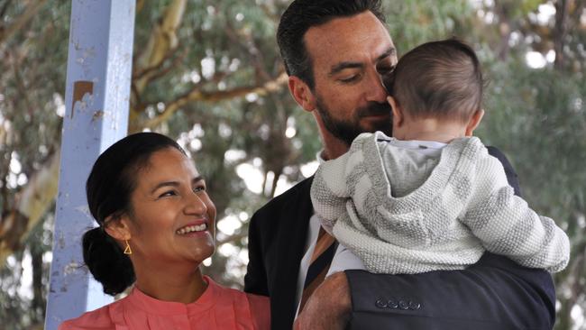 Outgoing federal member for Perth Tim Hammond with wife Lindsay and seven-month-old son Tully in Perth today. Picture: AAP