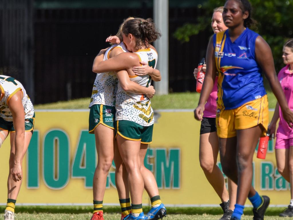 Steph Lawrence and Amy Chittick combined for 12 goals against Wanderers in Round 14 of the NTFL. Picture: Tymunna Clements / AFLNT Media.