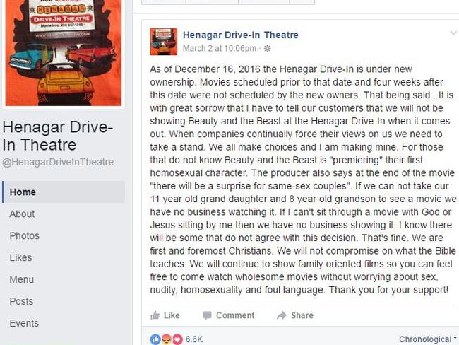 Henagar Drive-In Theatre in Alabama is banning Beauty and the Beast. Picture: Facebook/Henagar Drive-In Theatre