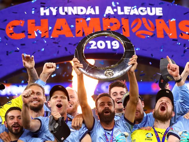 PERTH, AUSTRALIA - MAY 19: Alex Brosque of Sydney FC and team mates celebrate winning the 2019 A-League Grand Final match between the Perth Glory and Sydney FC at Optus Stadium on May 19, 2019 in Perth, Australia. (Photo by Cameron Spencer/Getty Images)