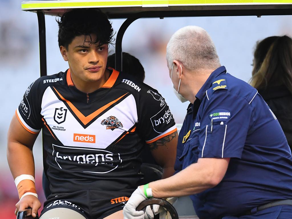 Tommy Talau suffered a suspected ACL injury on Sunday. (Photo by Albert Perez/Getty Images)