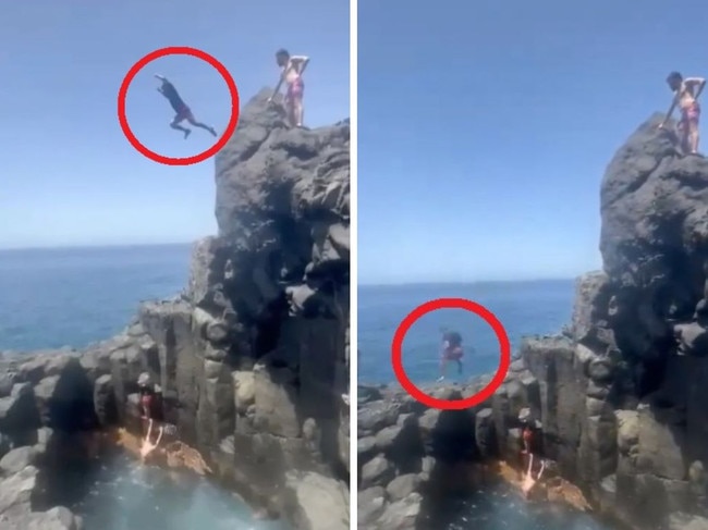 This is the horror moment a British tourist plunged from a cliff crashing into rocks below in a popular spot on the spanish island of Tenerife.