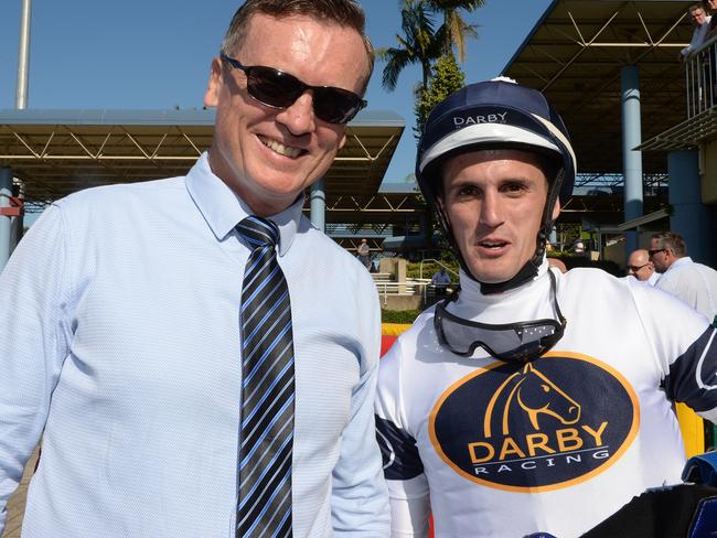 Trainer David Vandyke with jockey Blake Spriggs after Look To The Stars’ win at the Sunshine Coast. Picture: Grant Peters, Trackside Photography