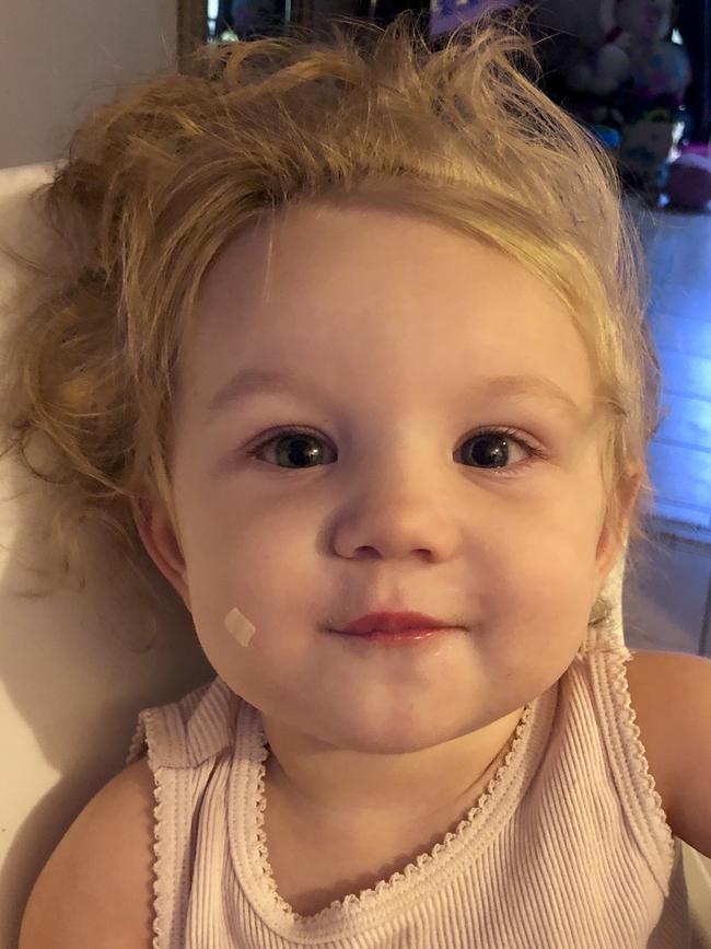 Isobel Gail Schloss enjoying mummy’s magnificent pasta dinner. Picture: Jemma Aitken