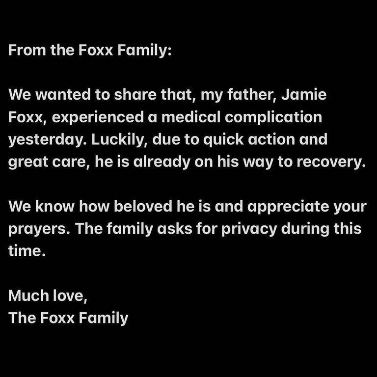 Jamie Foxx's daughter shared the news on Instagram. Picture: Corinne Foxx/Instagram