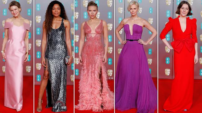 L-R: Renée Zellweger, British actress Naomie Harris, Scarlett Johansson, Charlize Theron and Gemma Whelan on the red carpet at the BAFTAs at Royal Albert Hall in London. Pictures: AFP/AP