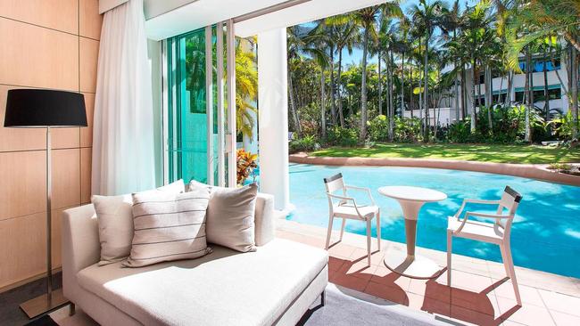 Sheraton Grand Mirage Resort, Gold Coast introduces the room as a place to admire the tranquil lagoon from your spacious waterside abode on its website. Picture: Marriott