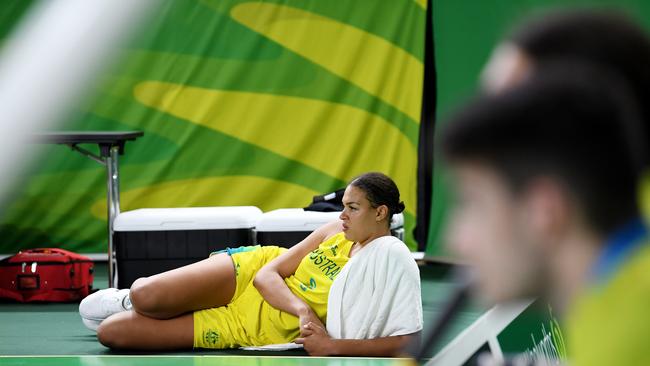 Opals star Liz Cambage takes it easy after scoring 21 points against New Zealand. Picture: AAP Image/Tracey Nearmy