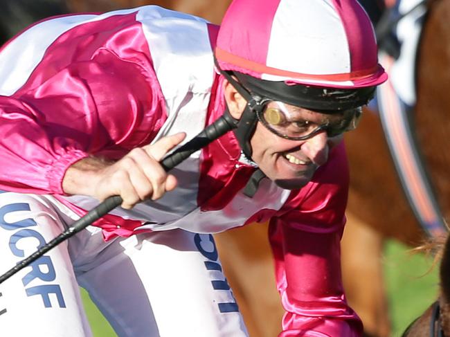 9.5.2015.Group 1 racing at Morphettville. Main race is $500,000 SA Derby.Winner no 16 ' Delicacy' jockey Peter Hall shows his excitement of the win. pic tait schmaal.