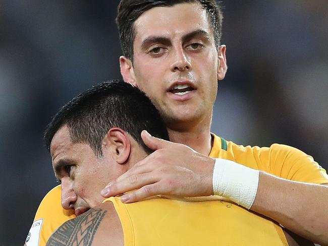 SYDNEY, AUSTRALIA - OCTOBER 10:  Tomi Juric and Tim Cahill of Australia celebrate victory at the end of the 2018 FIFA World Cup Asian Playoff match between the Australian Socceroos and Syria at ANZ Stadium on October 10, 2017 in Sydney, Australia.  (Photo by Mark Metcalfe/Getty Images)