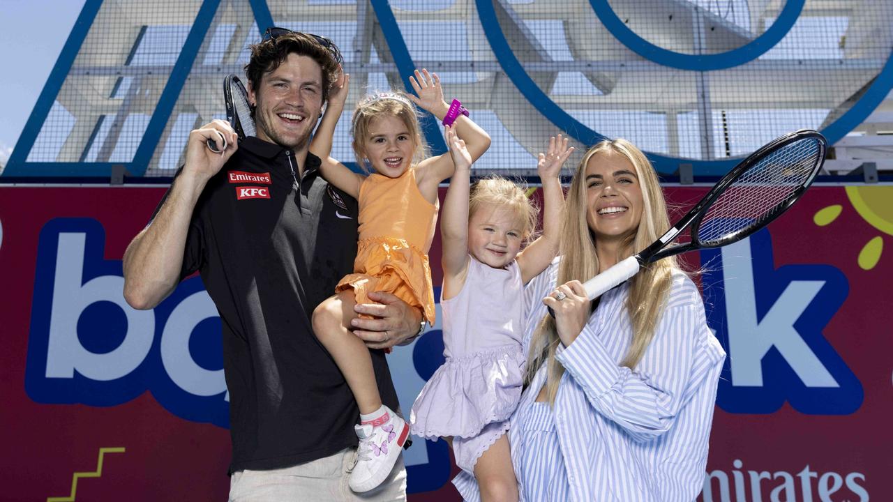 Jack Crisp with his children Lilah (4), Sloane (2) and wife Mikayla at this year’s Australian Open. Picture: Fiona Hamilton/TENNIS AUSTRALIA