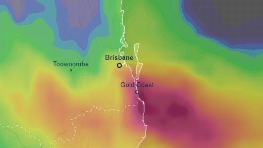 More than 150mm of rain fell across South East Queensland overnight Monday. Picture: Ventusky