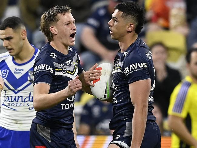 TOWNSVILLE, AUSTRALIA - JULY 21: Heilum Luki of the Cowboys celebrates after scoring a try during the round 20 NRL match between North Queensland Cowboys and Canterbury Bulldogs at Qld Country Bank Stadium, on July 21, 2024, in Townsville, Australia. (Photo by Ian Hitchcock/Getty Images)