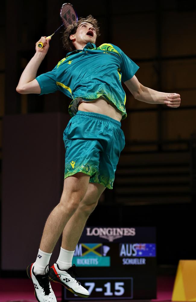 Jacob Schueler of Team Australia competes during their Badminton Men's Singles Round of 64 match against Samuel Ricketts of Team Jamaica. Photo: Robert Cianflone/Getty Images