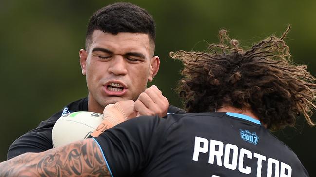 LISMORE, AUSTRALIA - FEBRUARY 27:  David Fifita and Kevin Proctor of the Titans warms up prior to the NRL Trial Match between the Gold Coast Titans and the New Zealand Warriors at Oaks Oval on February 27, 2021 in Lismore, Australia. (Photo by Matt Roberts/Getty Images)