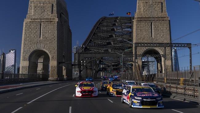 Defending champion Will Brown leads a fleet of Supercars over the Sydney Harbour Bridge for the launch of the 2025 season Launch. Pic: Supplied.