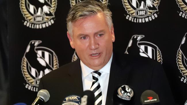 Eddie McGuire announces he is standing down as Collingwood president. Picture: Alex Coppel