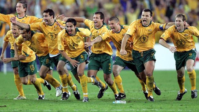 NEWS: Socceroos players celebrate after John Aloisi kicked winning penalty goal as Australia defeated Uruguay 4-2 in a penalt...