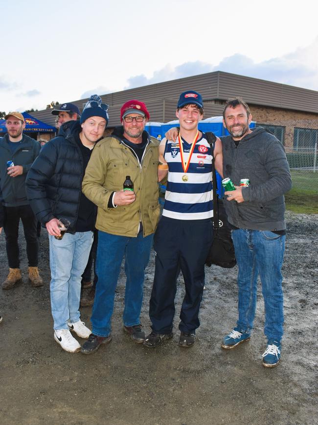 West Gippsland league grand final match 2024 — Phillip Island Bulldogs V Nar Nar Goon "The Goon" Football Club at Garfield Recreation Reserve on September 14, 2024: Michael White, Darren Pope, Clancy Pope and Mark Handley. Picture: Jack Colantuono