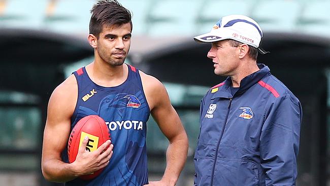 Wayne Milera chats to Crows coach Don Pyke. Picture: Sarah Reed