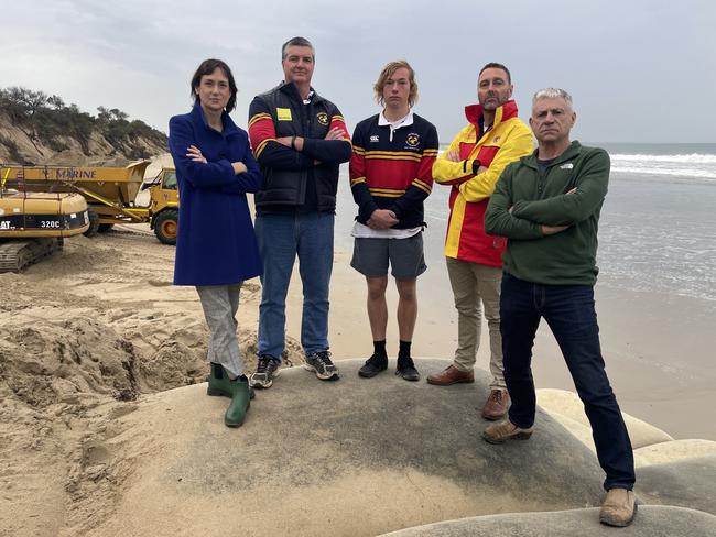 Nationals MP Melina Bath, club treasurer Stephen Duncan, junior club captain James Harman, club president Glenn Arnold and Inverloch Tourism Association committee member Brian Robinson are pushing for permanent engineering solutions. Picture: Jack Colantuono