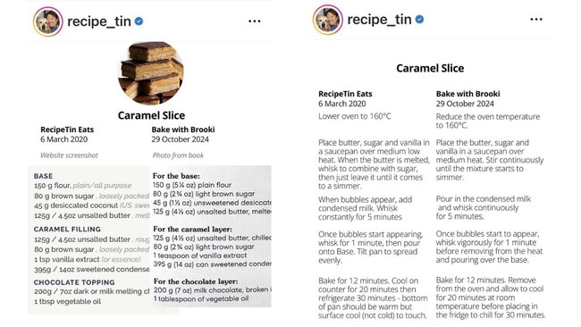 Maehashi has compared her caramel slice recipe with Bellamy's as 'evidence' of copying. Picture: Instagram