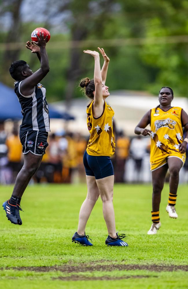 History was made as the Muluwurri Magpies beat the Tapalinga Superstars in the inaugural 2023 Tiwi Islands Football League women's grand final. Picture: Patch Clapp / AFLNT Media