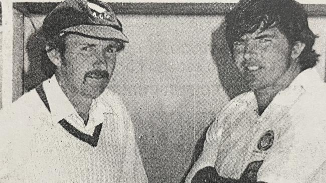 Cricketing rivals John Lydeamore and Port Pirie’s Barry Hutchinson in 1979. Picture: Supplied