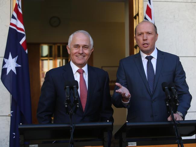 PM Malcolm Turnbull holding a Press Conference with the then-Minister for Immigration and Border Protection Peter Dutton at Parliament House. Picture Kym Smith