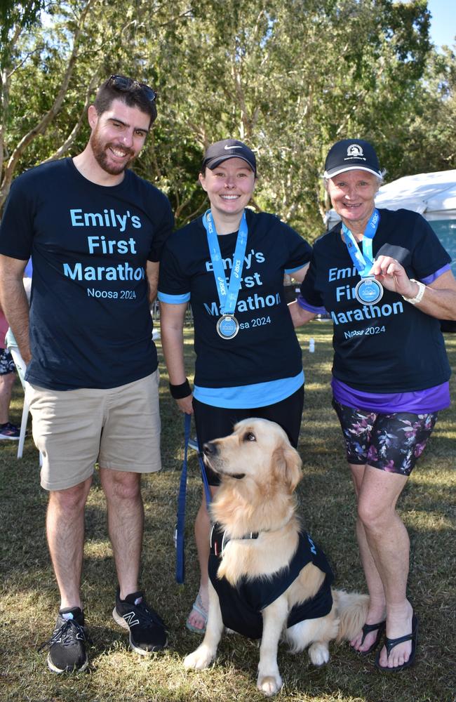 Emily and Lynette Frazer, Scott Fourd and Charlie the dog at the Noosa Marathon 2024.