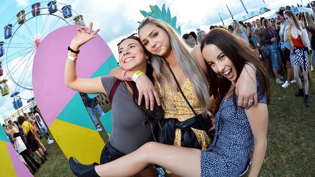 The Woombye attraction is home to the Big Pineapple Music Festival and has held many other major entertainment events. Pictured are Laura Maclachlan, Selena Johnson and Monika Milner enjoying the festival.